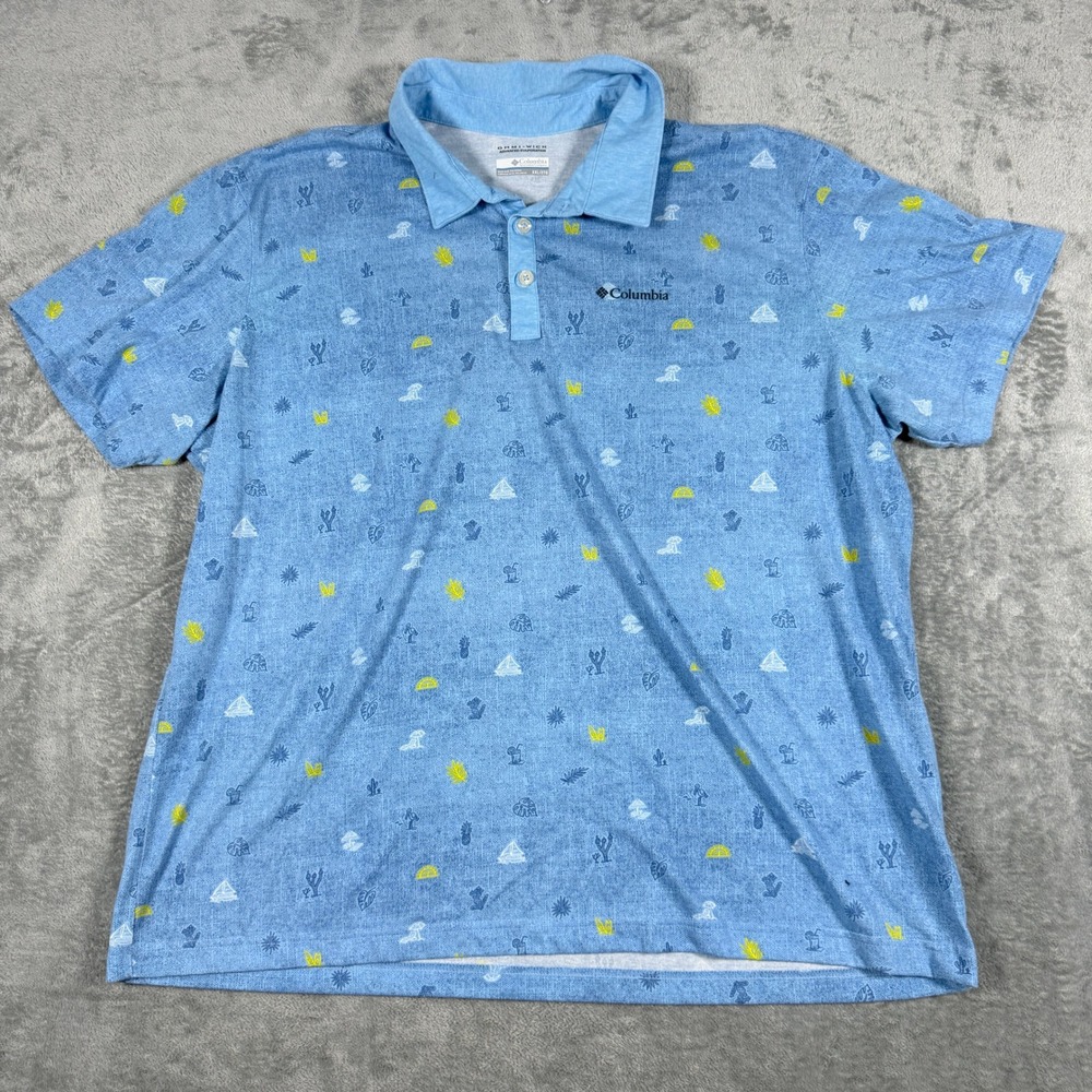 Columbia Mens XXL Polo Shirt Blue Tropical AOP Omni-Wick